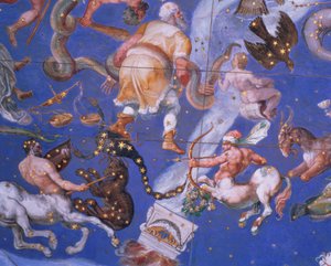 علامات البروج بما في ذلك Battling Centaurs ، التفاصيل من قبو "Sala del Mappamondo" (قاعة خرائط العالم) c.1574-5